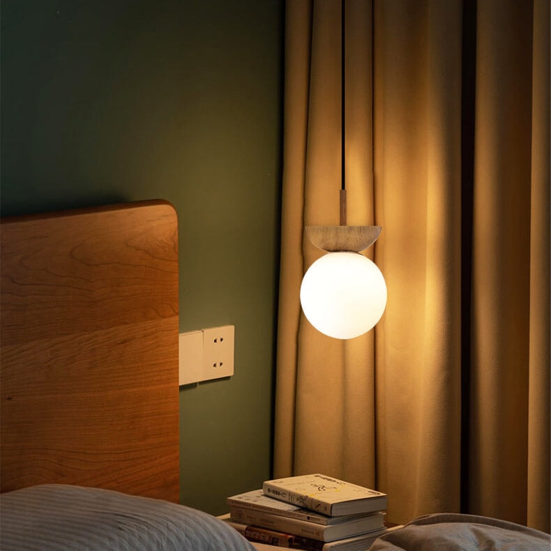 Modern Minimalist Opal Glass Globe Ceiling Light with Wood Grain Canopy