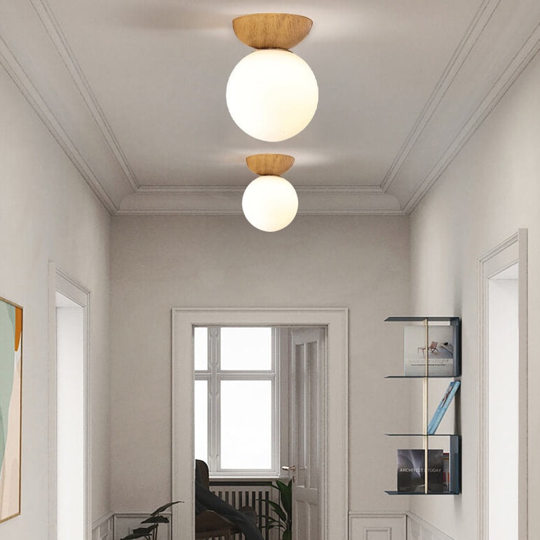 Modern Minimalist Opal Glass Globe Ceiling Light with Wood Grain Canopy