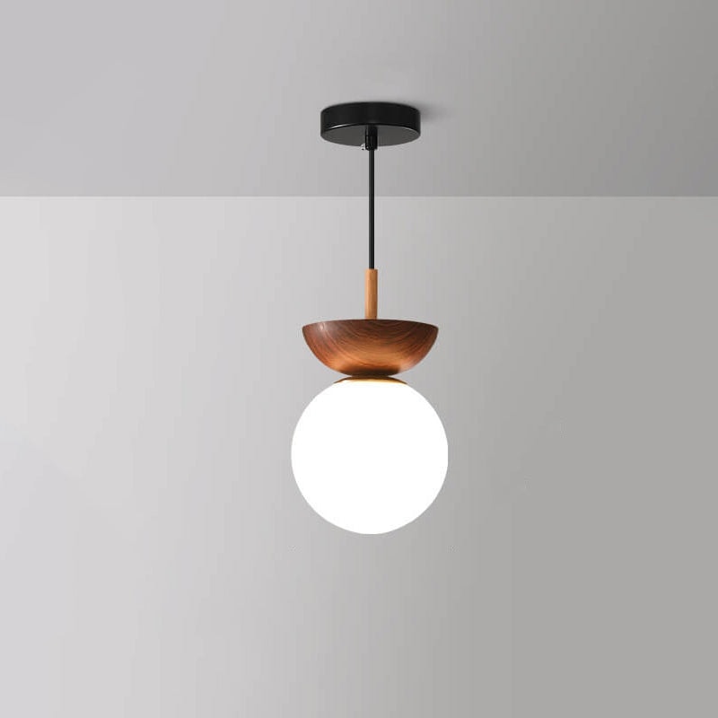 Modern Minimalist Opal Glass Globe Ceiling Light with Wood Grain Canopy