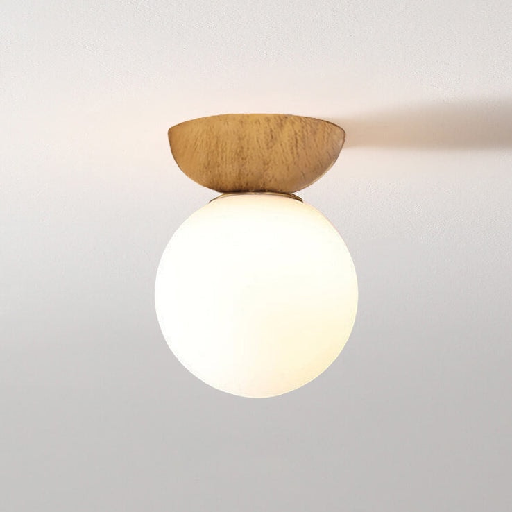 Modern Minimalist Opal Glass Globe Ceiling Light with Wood Grain Canopy