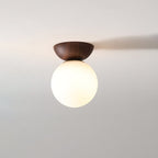 Modern Minimalist Opal Glass Globe Ceiling Light with Wood Grain Canopy
