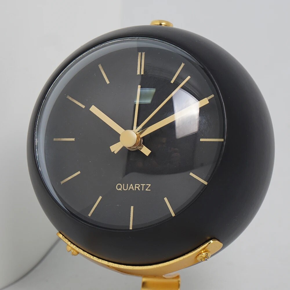 Modern Round Metal Desk Clock with Gold Ring Stand | Quartz Table Clock