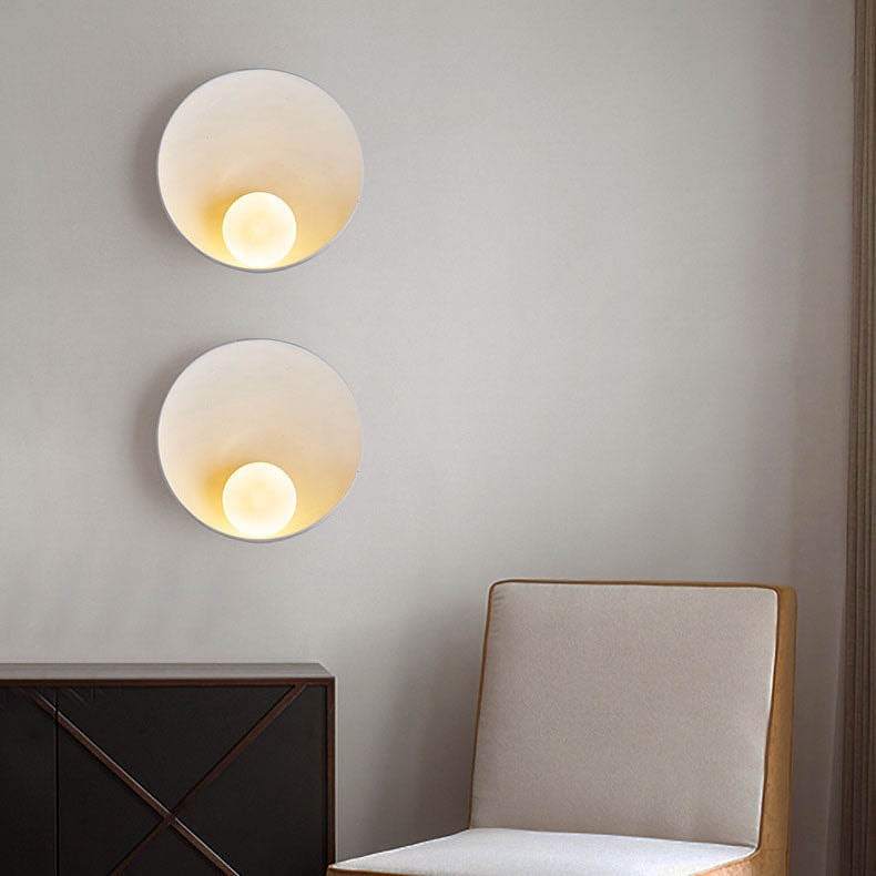 Modern Round Wall Light with Concave Disc Shade and Opal Glass Globe