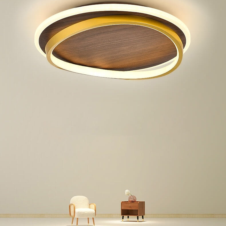 Modern Walnut Grain LED Flush Mount Ceiling Light with Halo Ring for Bedroom