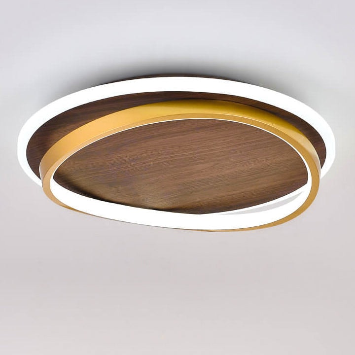 Modern Walnut Grain LED Flush Mount Ceiling Light with Halo Ring for Bedroom