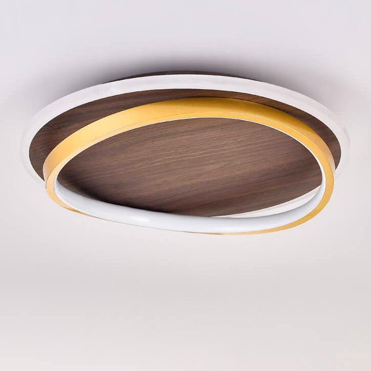 Modern Walnut Grain LED Flush Mount Ceiling Light with Halo Ring for Bedroom