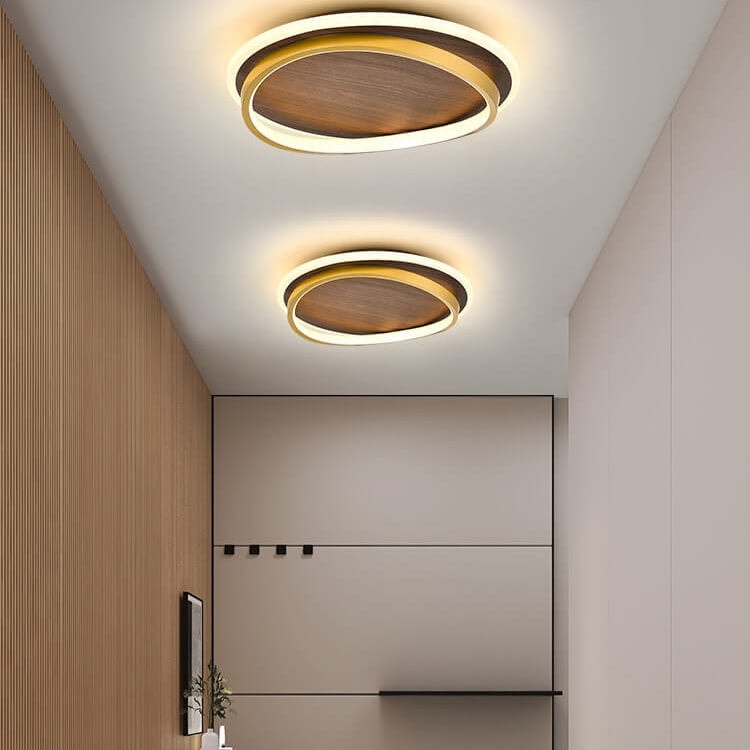 Modern Walnut Grain LED Flush Mount Ceiling Light with Halo Ring for Bedroom