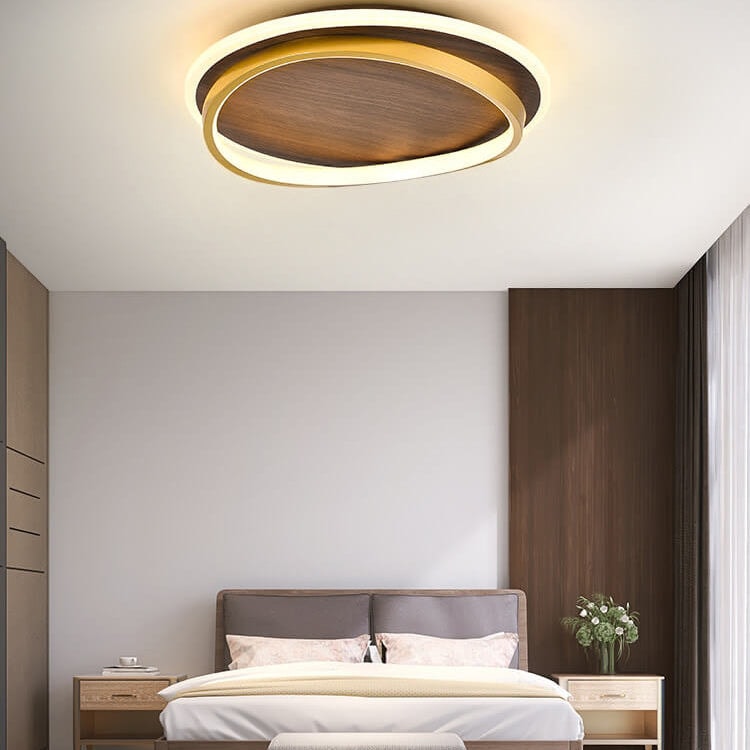 Modern Walnut Grain LED Flush Mount Ceiling Light with Halo Ring for Bedroom
