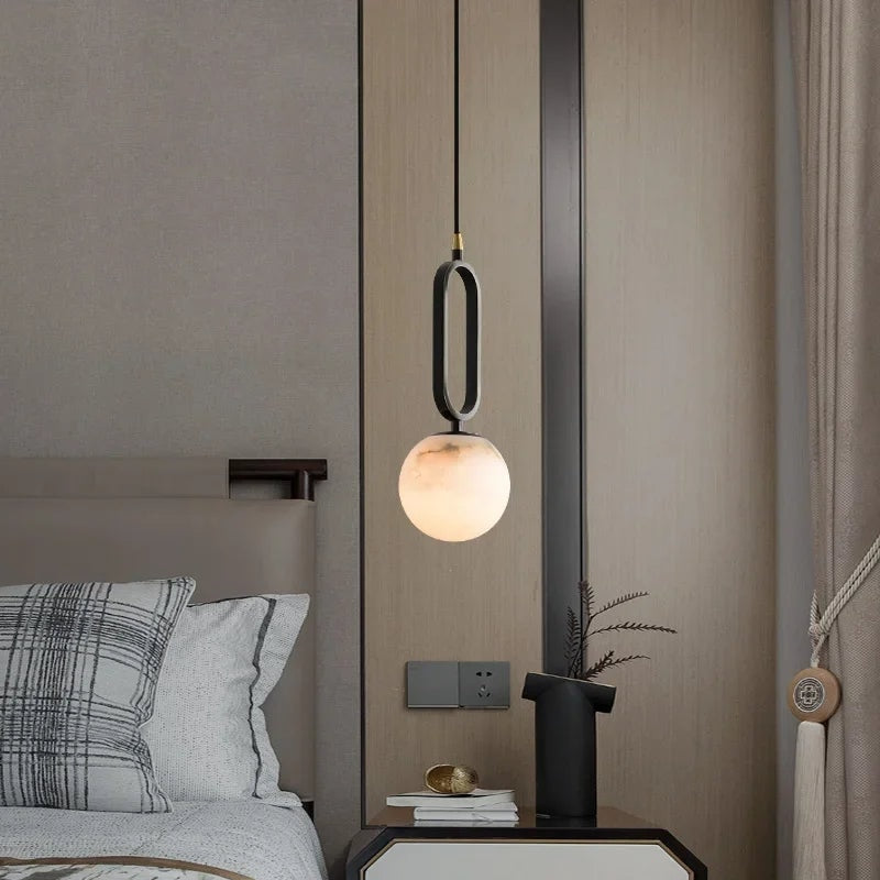 Natural Marble Globe Pendant Light with Black Loop Frame for Bedside Lighting