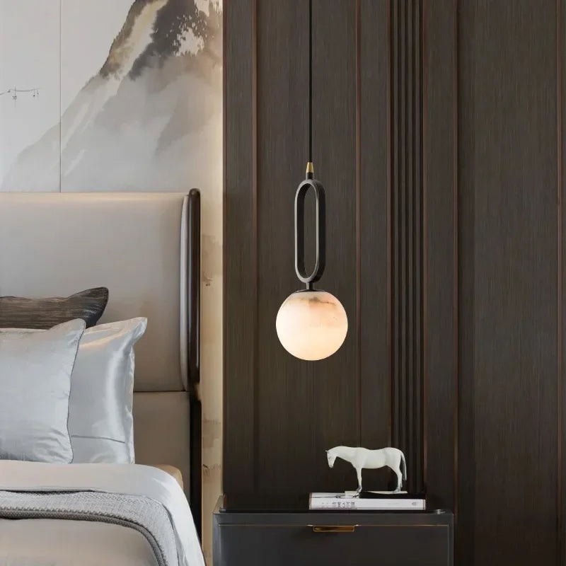 Natural Marble Globe Pendant Light with Black Loop Frame for Bedside Lighting
