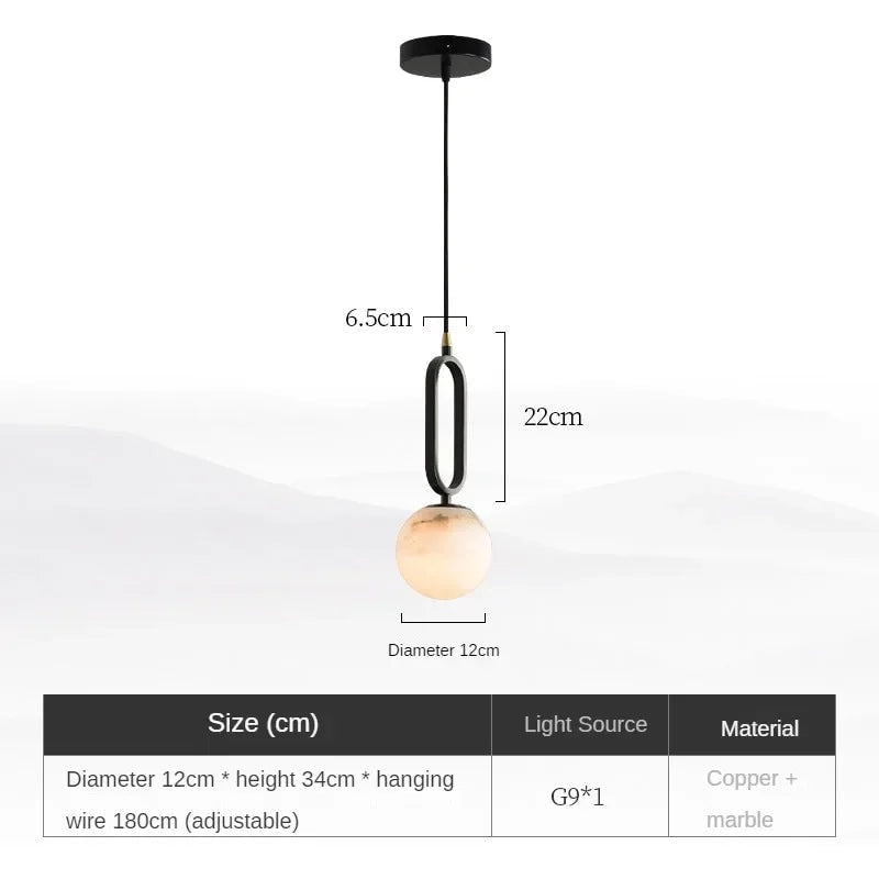 Natural Marble Globe Pendant Light with Black Loop Frame for Bedside Lighting