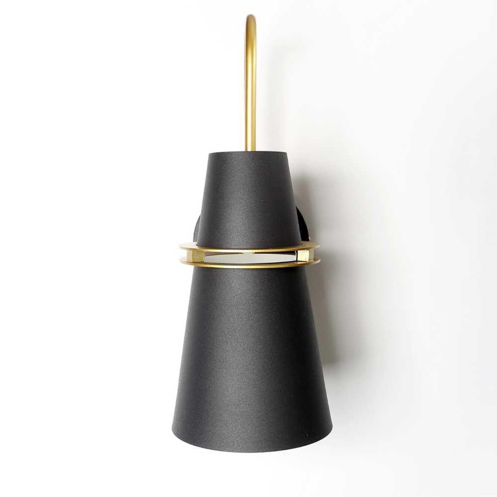 Nordic Cone Wall Light with Curved Brass Arm and Gold Ring Detail