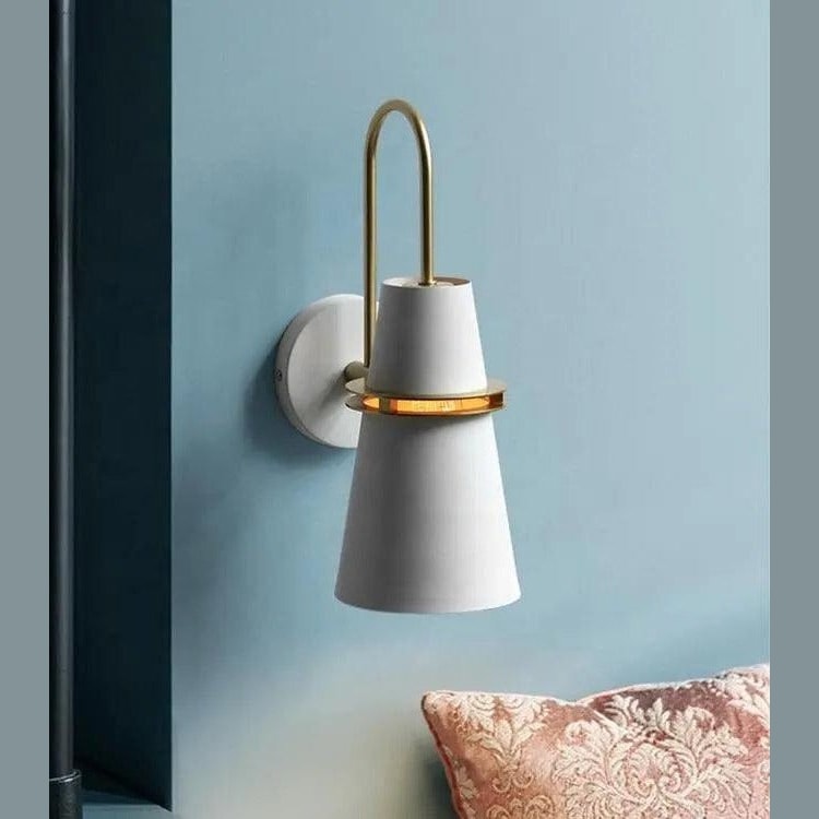 Nordic Cone Wall Light with Curved Brass Arm and Gold Ring Detail