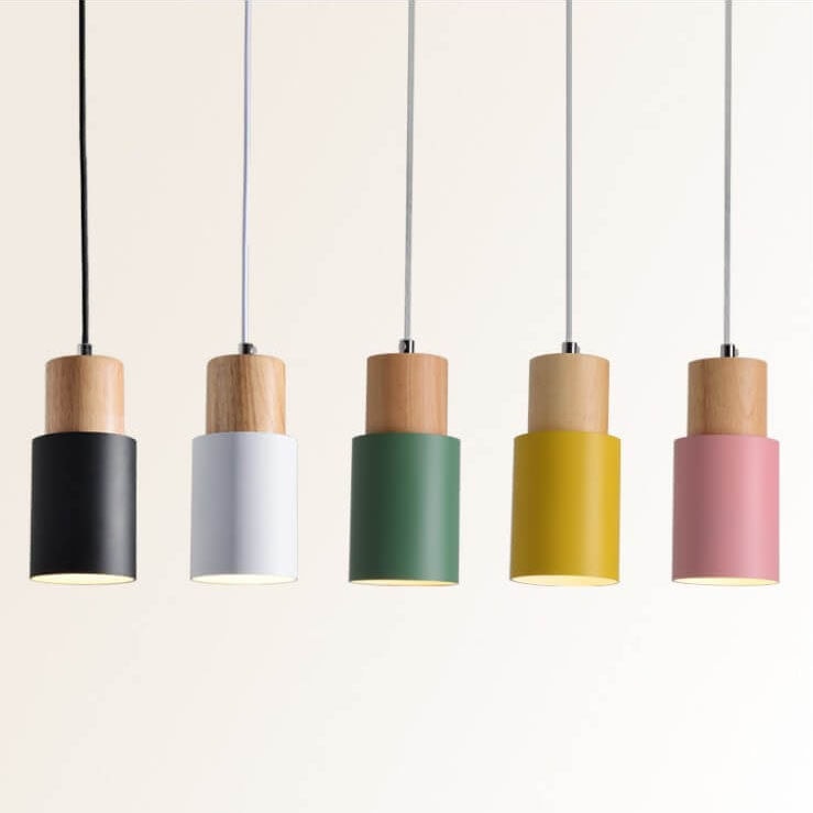 Nordic Macaron Cylinder Pendant Light with Wooden Top for Kitchen Island