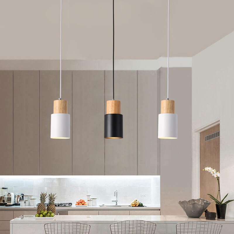 Nordic Macaron Cylinder Pendant Light with Wooden Top for Kitchen Island