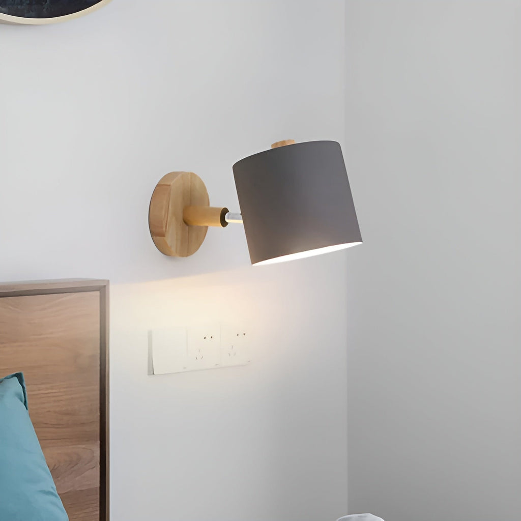 Nordic Macaron Wall Light with Rotating Metal Shade and Wooden Arm