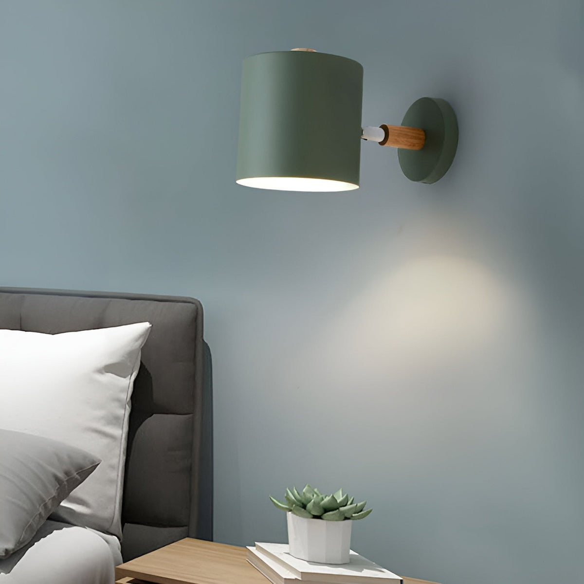 Nordic Macaron Wall Light with Rotating Metal Shade and Wooden Arm
