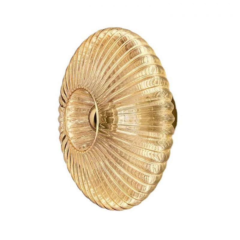 Nordic Ribbed Glass Round Disc Wall Light with Iron Frame for Living Room