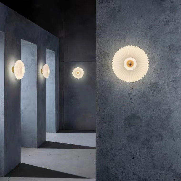 Nordic Ribbed Glass Round Disc Wall Light with Iron Frame for Living Room