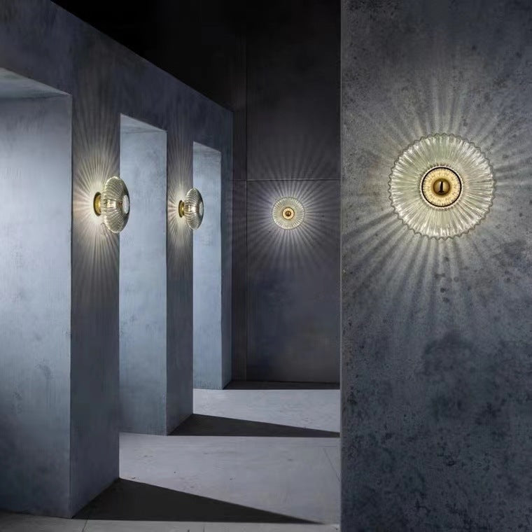 Nordic Ribbed Glass Round Disc Wall Light with Iron Frame for Living Room