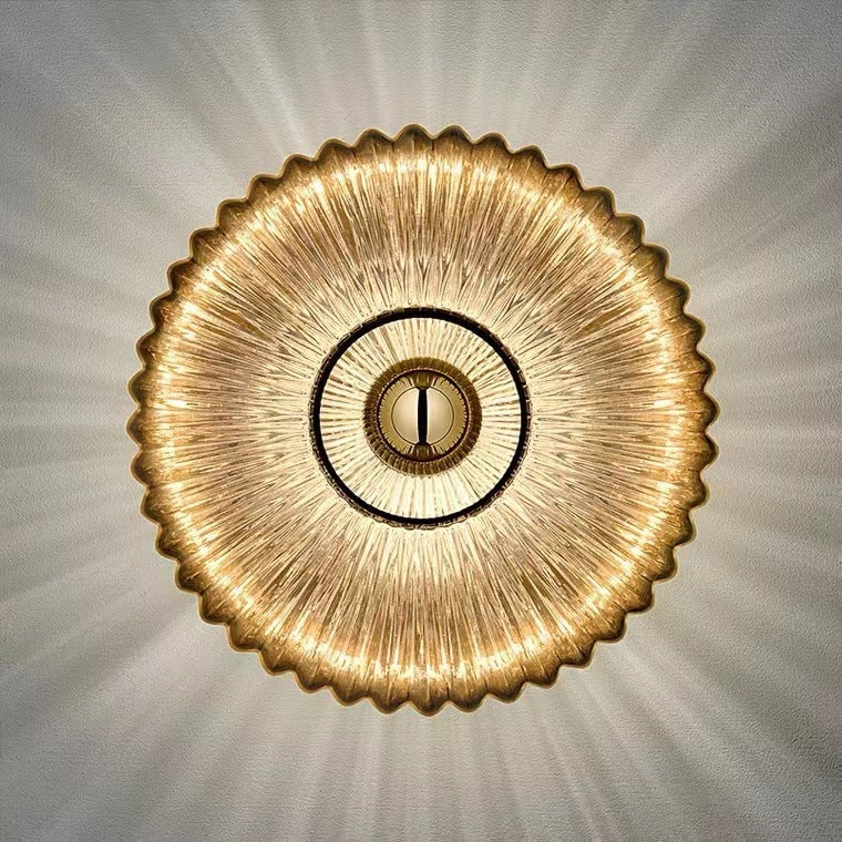 Nordic Ribbed Glass Round Disc Wall Light with Iron Frame for Living Room
