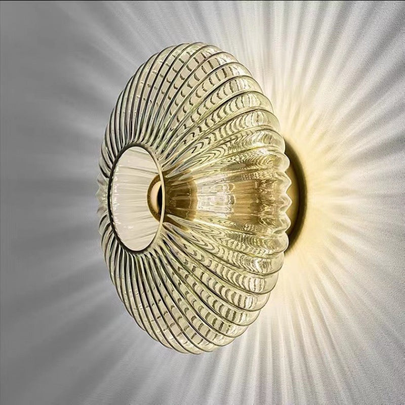 Nordic Ribbed Glass Round Disc Wall Light with Iron Frame for Living Room