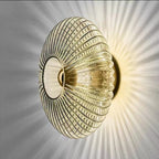 Nordic Ribbed Glass Round Disc Wall Light with Iron Frame for Living Room