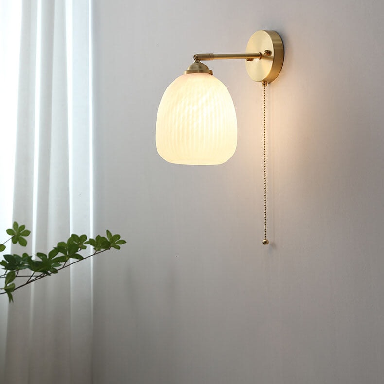Nordic Ribbed Glass Wall Light with Brass Arm and Pull Cord Switch for Bedroom