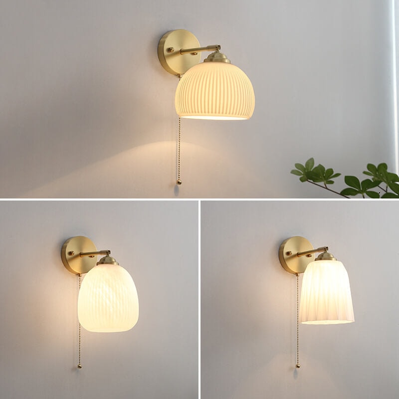 Nordic Ribbed Glass Wall Light with Brass Arm and Pull Cord Switch for Bedroom