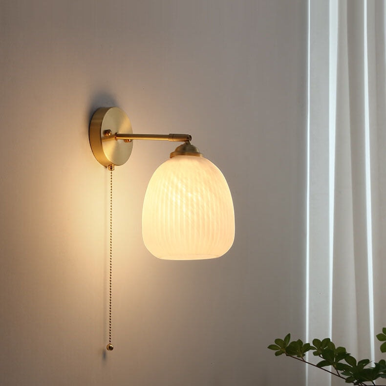 Nordic Ribbed Glass Wall Light with Brass Arm and Pull Cord Switch for Bedroom