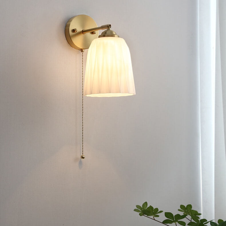 Nordic Ribbed Glass Wall Light with Brass Arm and Pull Cord Switch for Bedroom