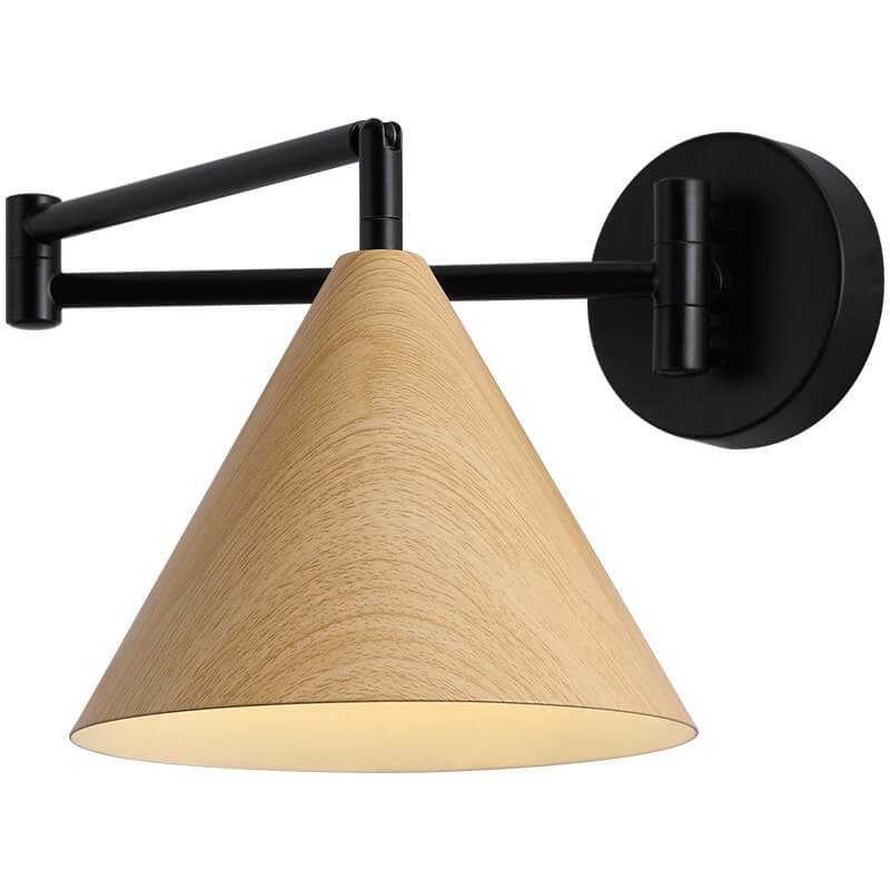 Nordic Swing Arm Wall Light with Wood Grain Cone Shade for Bedroom