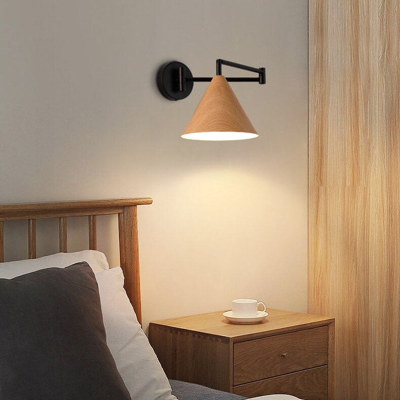 Nordic Swing Arm Wall Light with Wood Grain Cone Shade for Bedroom