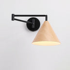 Nordic Swing Arm Wall Light with Wood Grain Cone Shade for Bedroom