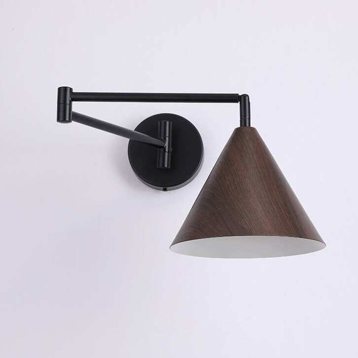 Nordic Swing Arm Wall Light with Wood Grain Cone Shade for Bedroom