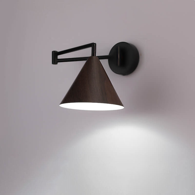 Nordic Swing Arm Wall Light with Wood Grain Cone Shade for Bedroom