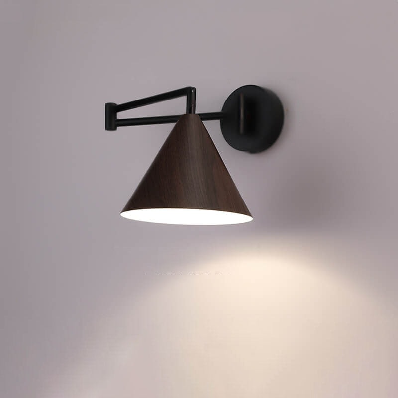Nordic Swing Arm Wall Light with Wood Grain Cone Shade for Bedroom