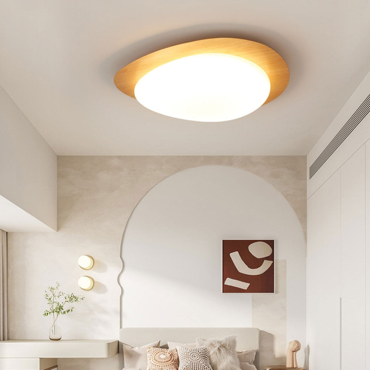 Nordic Wood Grain Pebble LED Flush Mount Ceiling Light with Opal Diffuser
