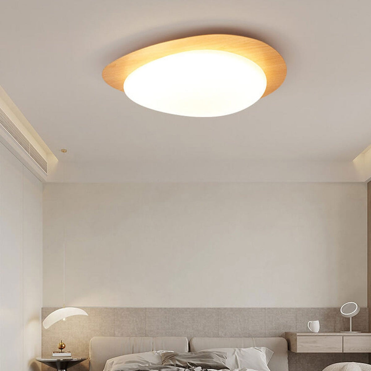 Nordic Wood Grain Pebble LED Flush Mount Ceiling Light with Opal Diffuser