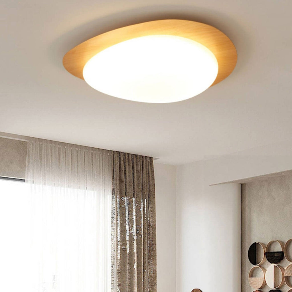Nordic Wood Grain Pebble LED Flush Mount Ceiling Light with Opal Diffuser