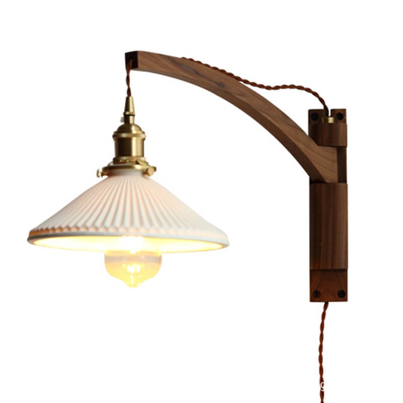 Nordic Wooden Swing Arm Wall Light with Ribbed Glass Shade for Bedroom