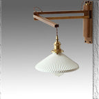Nordic Wooden Swing Arm Wall Light with Ribbed Glass Shade for Bedroom