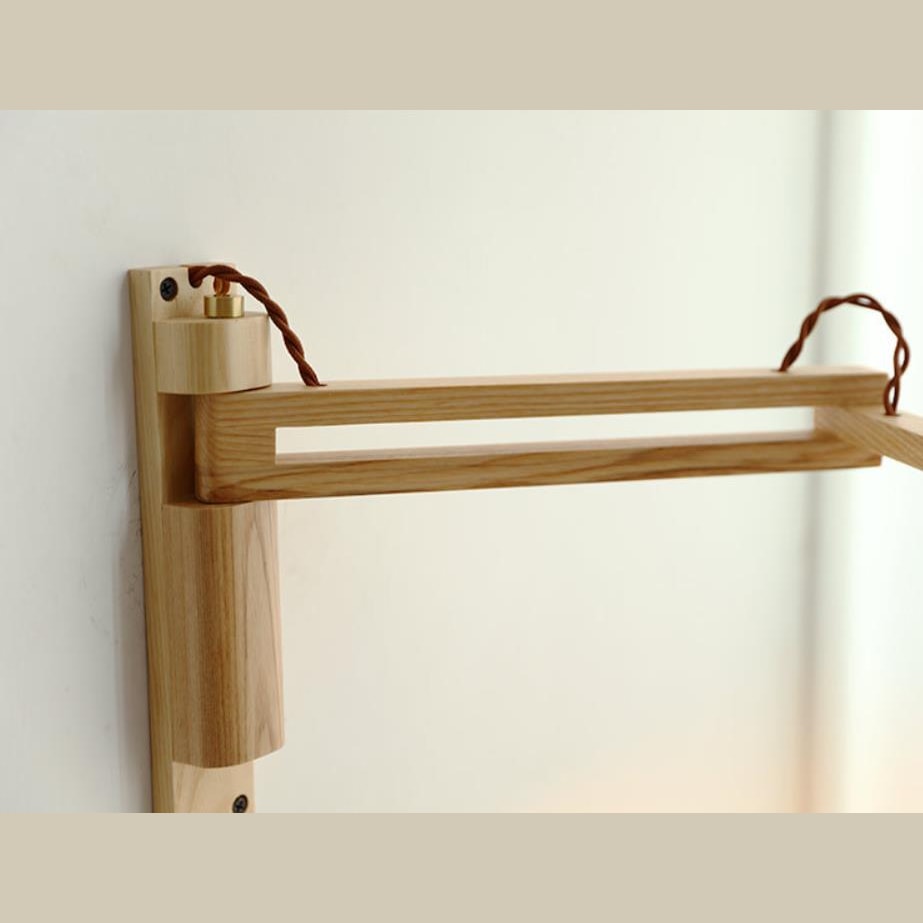 Nordic Wooden Swing Arm Wall Light with Ribbed Glass Shade for Bedroom