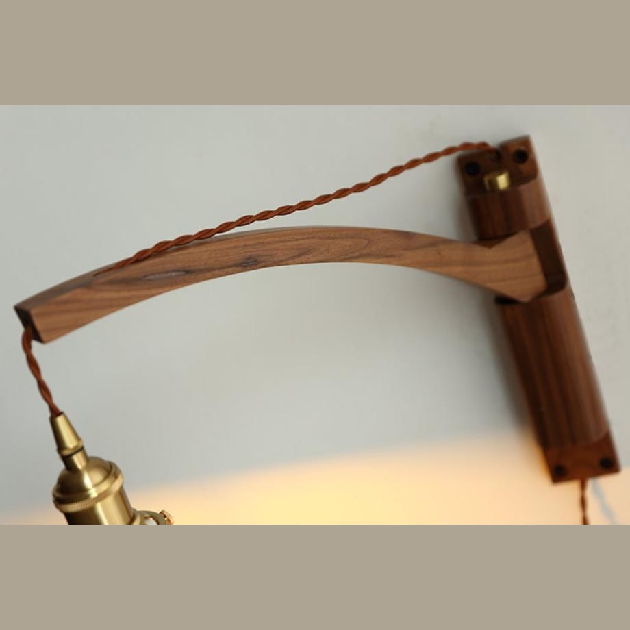 Nordic Wooden Swing Arm Wall Light with Ribbed Glass Shade for Bedroom
