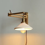 Nordic Wooden Swing Arm Wall Light with Ribbed Glass Shade for Bedroom