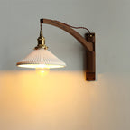 Nordic Wooden Swing Arm Wall Light with Ribbed Glass Shade for Bedroom