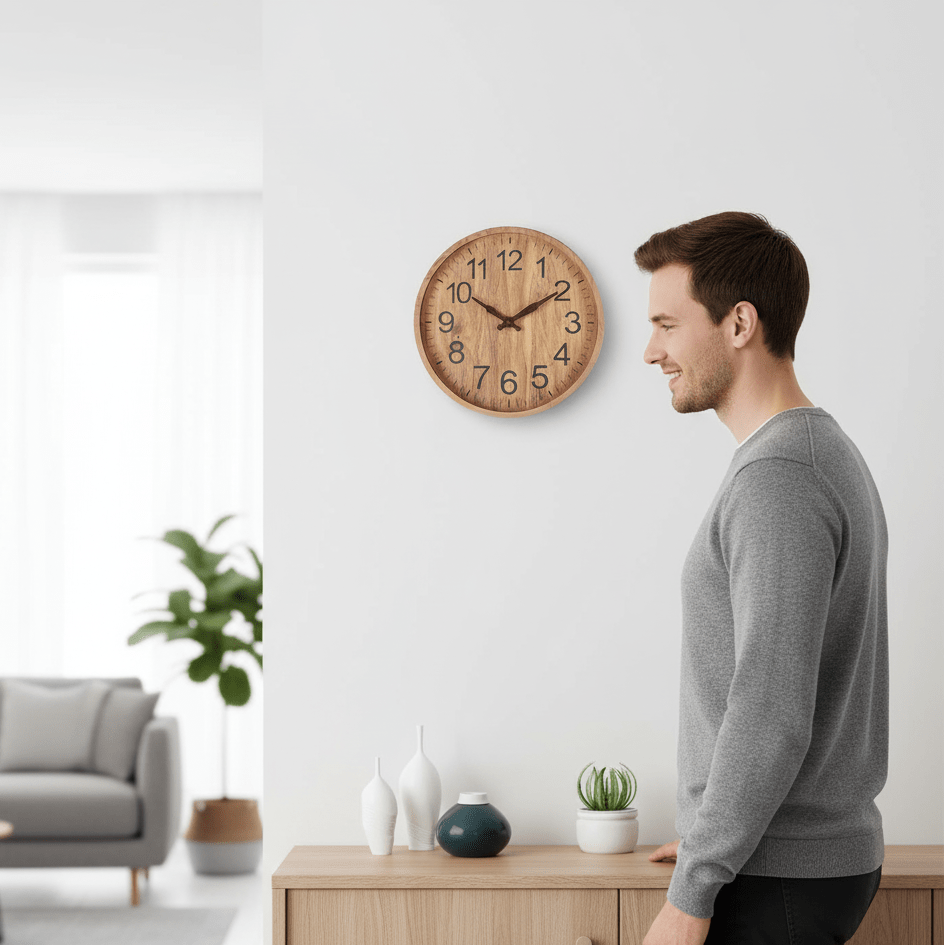 Wooden Wall Clock Silent Non-Ticking Round Wall Clock Natural Wood Look Minimalist Battery Operated Clock for Living Room, Bedroom and Office