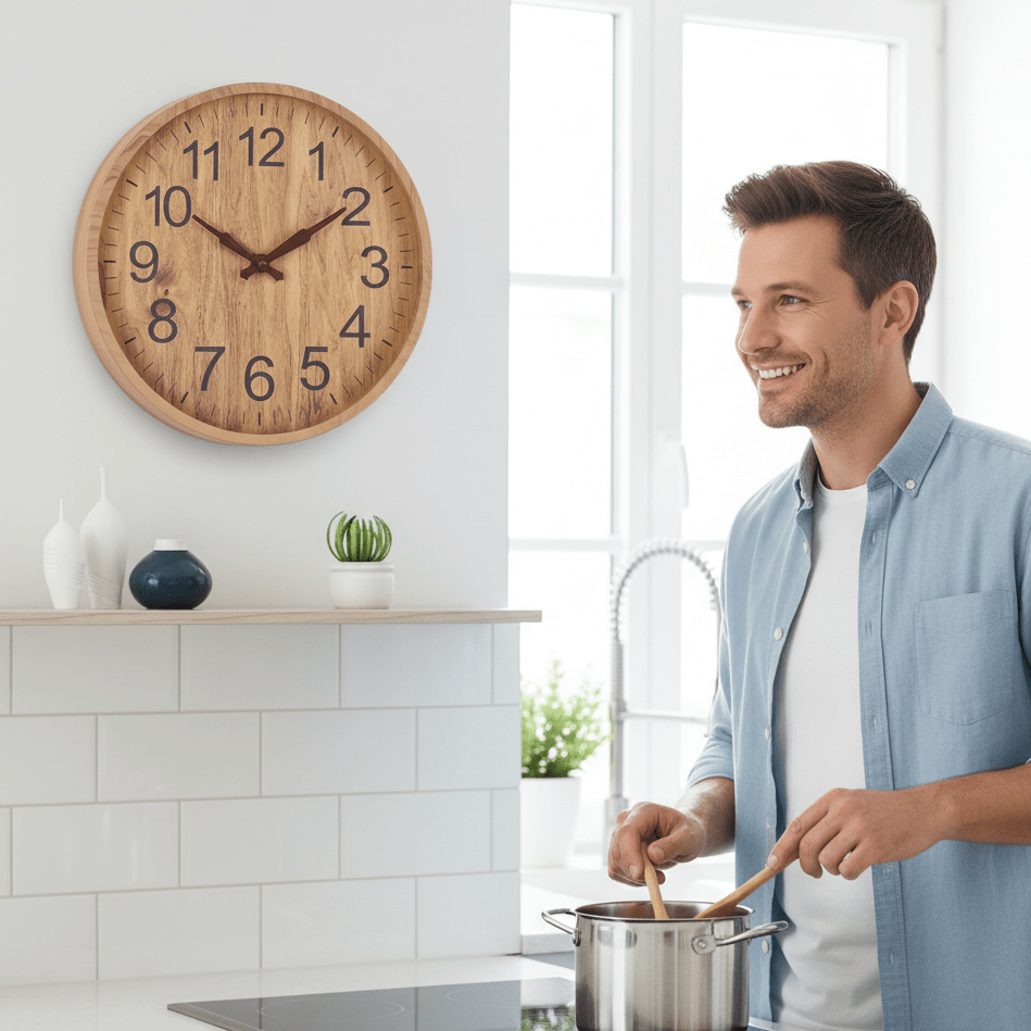 Wooden Wall Clock Silent Non-Ticking Round Wall Clock Natural Wood Look Minimalist Battery Operated Clock for Living Room, Bedroom and Office