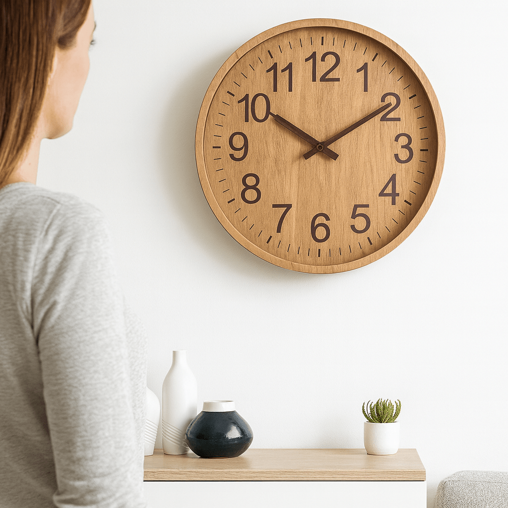 Wooden Wall Clock Silent Non-Ticking Round Wall Clock Natural Wood Look Minimalist Battery Operated Clock for Living Room, Bedroom and Office