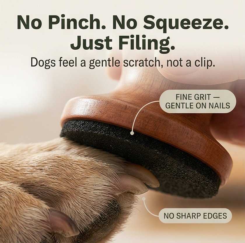 Quiet Manual Dog Nail File Wooden Pet Claw File with Ergonomic Dome Handle and Replaceable Sandpaper Pads for Dogs | Cats and Small Pets